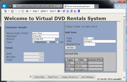 DVD Rentals form showing table and totals