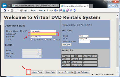 DVD Rentals form showing error and validation check box