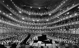 A full house, seen from the rear of the stage, at the Metropolitan Opera House for a concert by pianist Josef Hofmann, November 28, 1937.