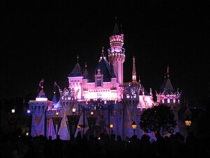 Sleeping Beauty's Castle at night.JPG