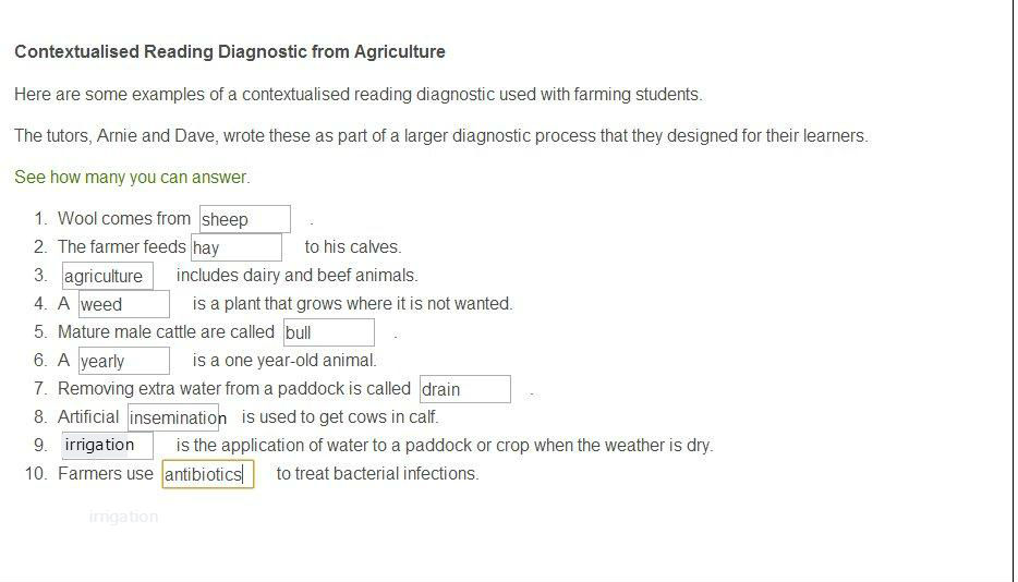Contextualised reading diagnostic for agriculture. Cloze assessment.