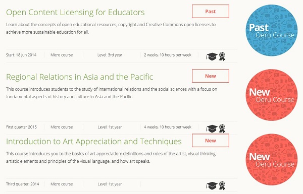 Examples of micro open courses from different disciplines in the OERu course list