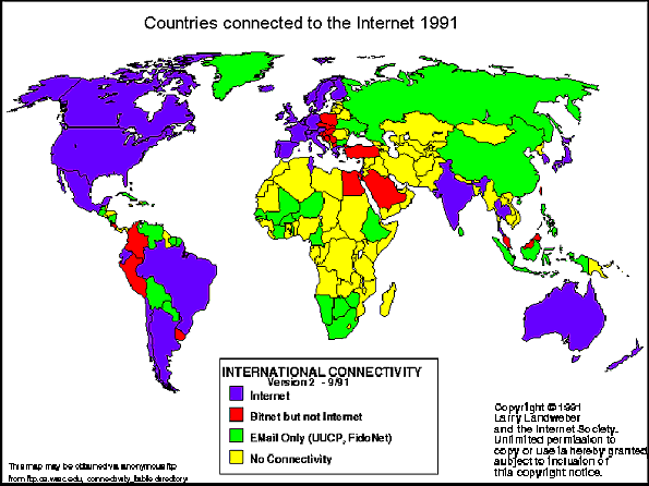 Countries connected to internet in 1991