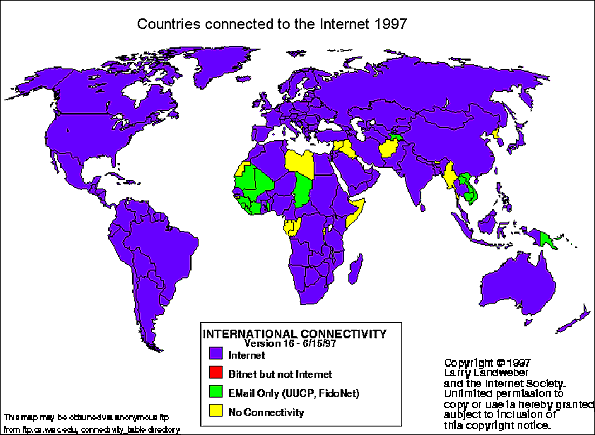 Countries connected to internet in 1997