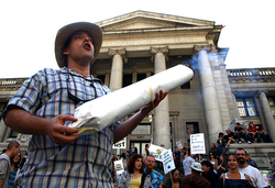 Marijuana activist David Malmo-Levine at a protest outside the Vancouver Art Gallery. David faces prison time for his role in the Vancouver Herb School, where he was arrested and charged with possession of illegal herbs for the purposes of trafficking. (Photo by Jeremiah Vandermeer)