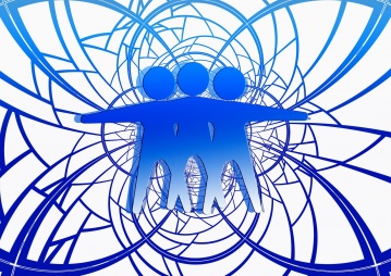 Three human figures and reflections against a balanced network background