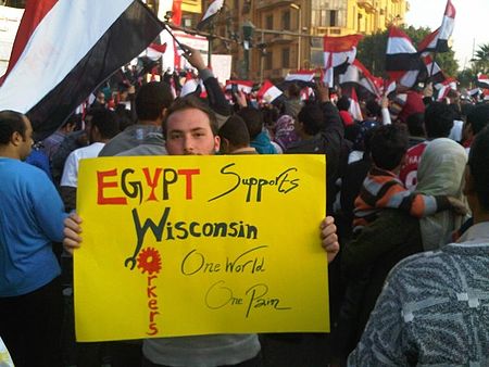Photo of protesters in Cairo showing solidarity with protesters in Wisconsin.
