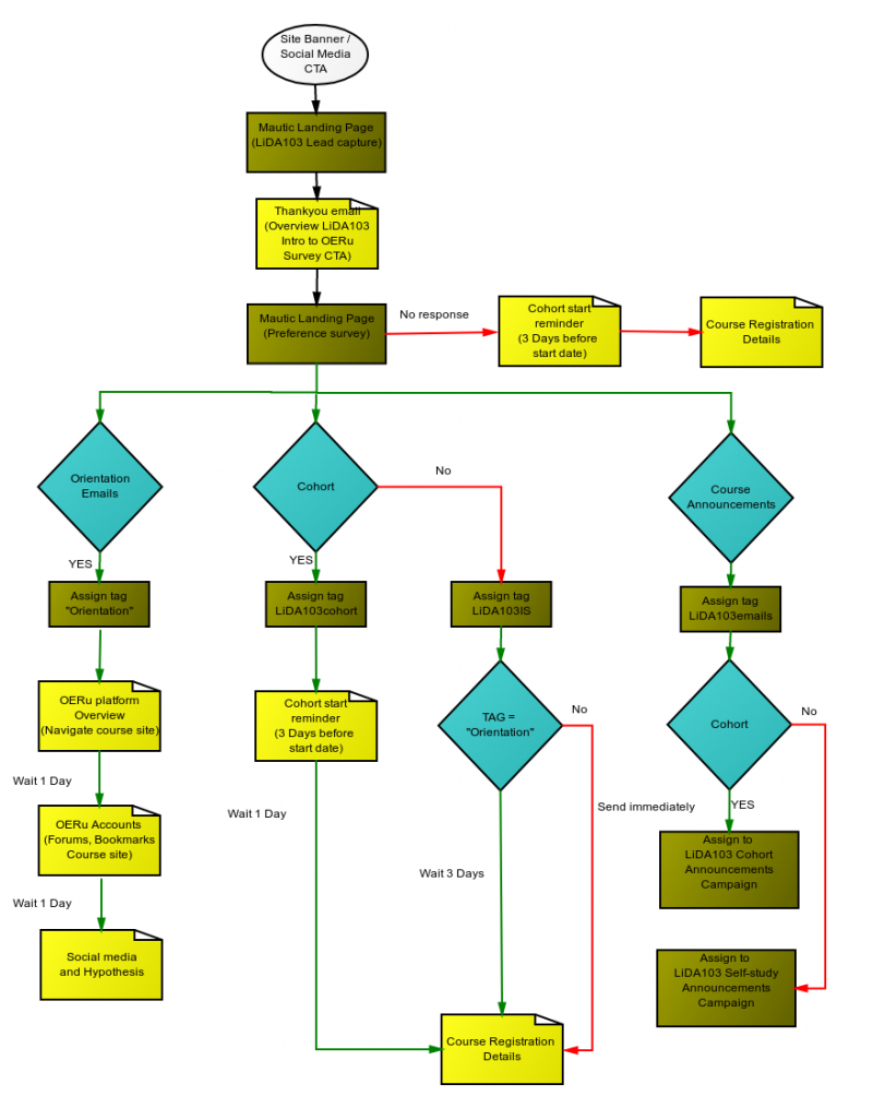 Flow chart depicting logic of Mautic campaign for LiDA103