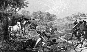 Mounted police engaging Indigenous Australians during the Slaughterhouse Creek Massacre of 1838