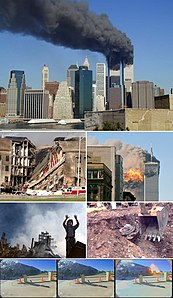 From top to bottom: the World Trade Center burning; a section of the Pentagon collapses; Flight 175 crashes into 2 WTC; a fireman requests help at Ground Zero; an engine from Flight 93 is recovered; Flight 77 crashes into the Pentagon.