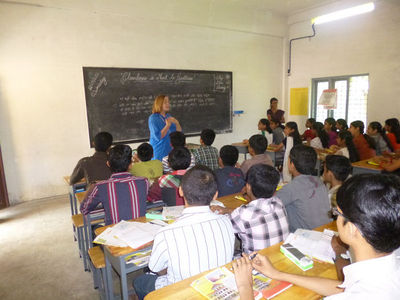 Annie talking to a class in Kerala.