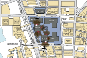 Map showing the attacks on the World Trade Center (the planes are not drawn to scale)