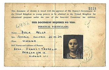 1939 issued Identity Document for travelling to the UK, used by a child on the Kindertransport